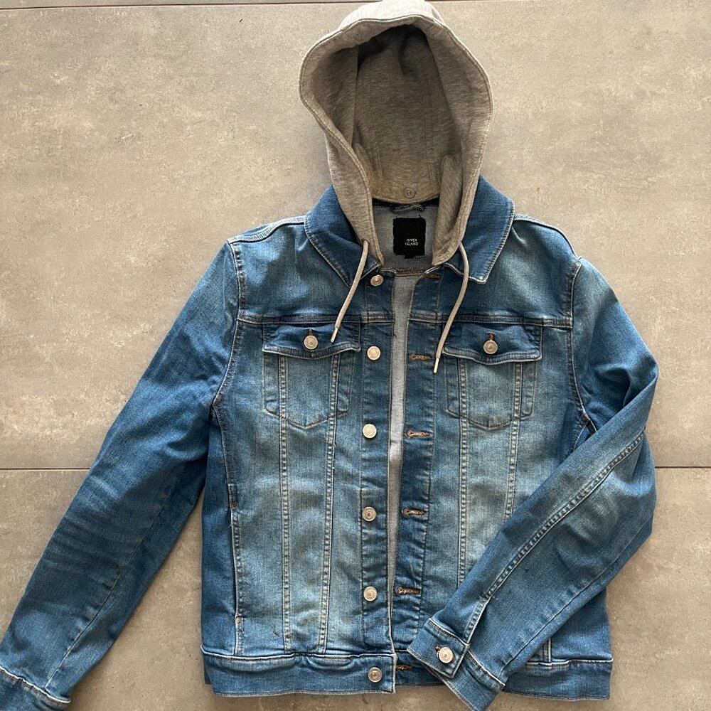 River Island Size LARGE Cropped Denim Jacket with Detachable Hood